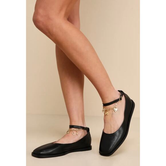 Free People Shoes - Free People Mystic Treasures Black Leather Charm Ankle Strap Ballet Flats Size 8